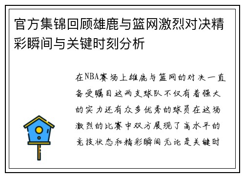 官方集锦回顾雄鹿与篮网激烈对决精彩瞬间与关键时刻分析